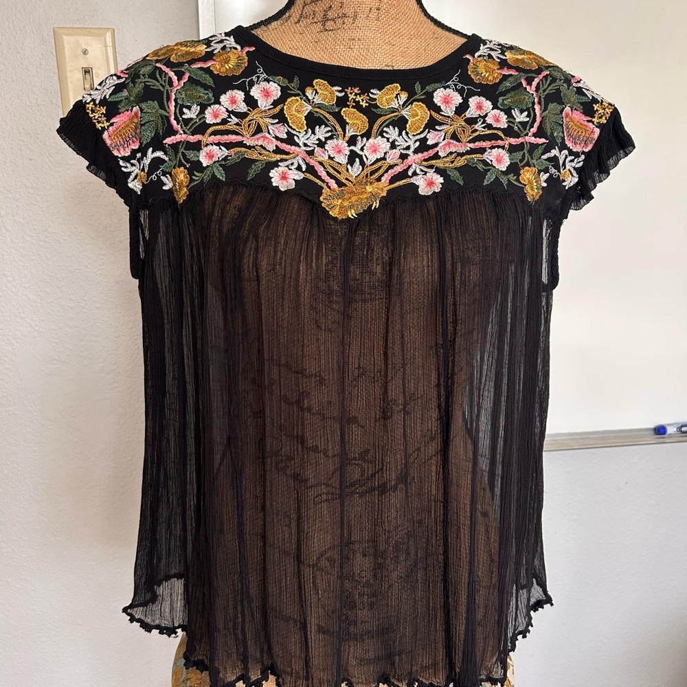 Anthropologie Black Sheer Blouse with Floral Embroidery